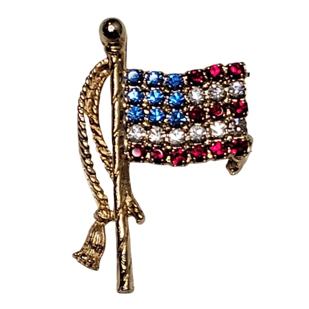 Unbranded American Flag Brooch Women Small Gold Red White Blue Rhinestone Tassel
